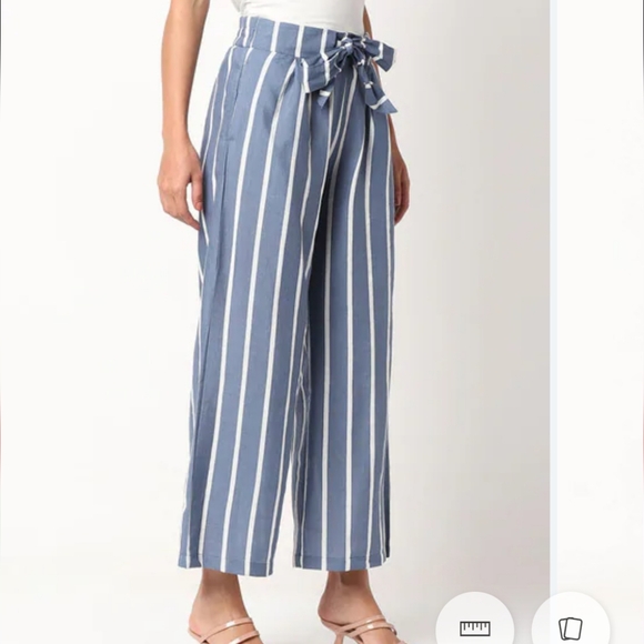 First Class Pants - First Class Blue Striped Palazzo Pants Tie S‎ Crop, Lightweight Wide Leg Pants